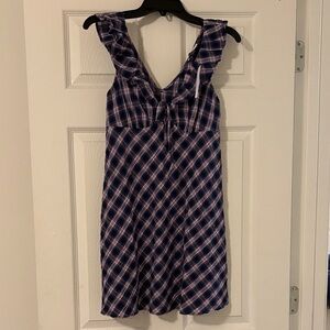 NWT American Eagle Outfitters Navy and Plum Plaid Sleeveless Ruffle Mini Dress